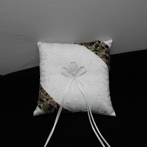 Camo ring bearer pillow measures approx 8 inches by 8 inches